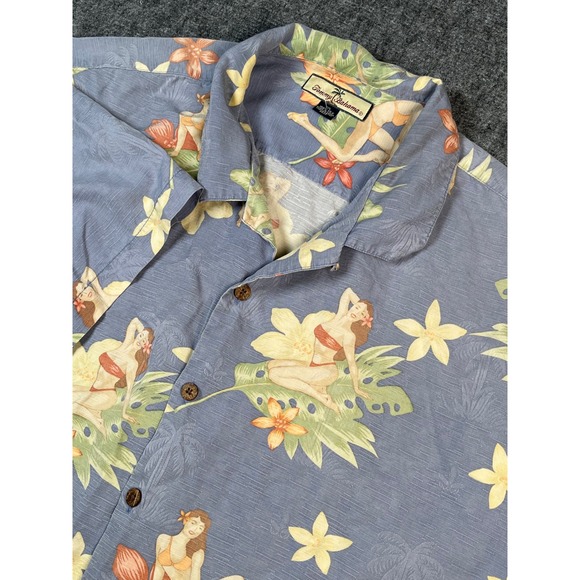 Tommy Bahama XXL Silk Hawaiian Shirt Tropical Pin Up Girl‎ Floral Blue